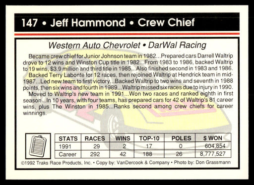 Jeff Hammond 1992 Traks Base Back of Card