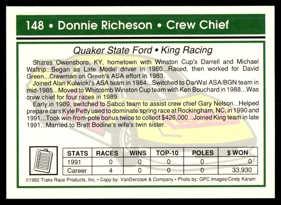 Donnie Richeson 1992 Traks Base Back of Card