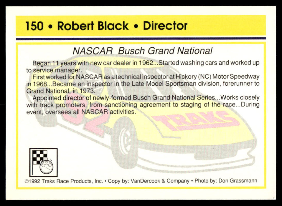 Robert Black 1992 Traks Base Back of Card