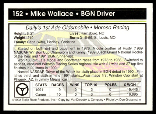 Mike Wallace 1992 Traks Base Back of Card