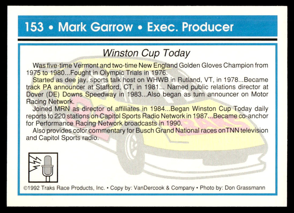 Mark Garrow 1992 Traks Base Back of Card