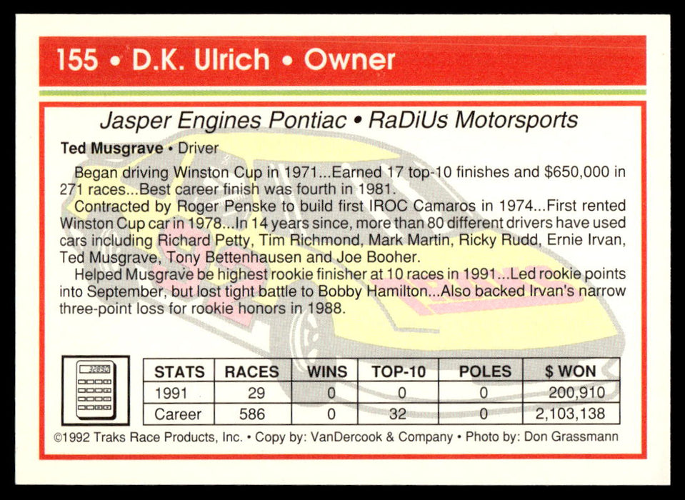 DK Ulrich 1992 Traks Base Back of Card