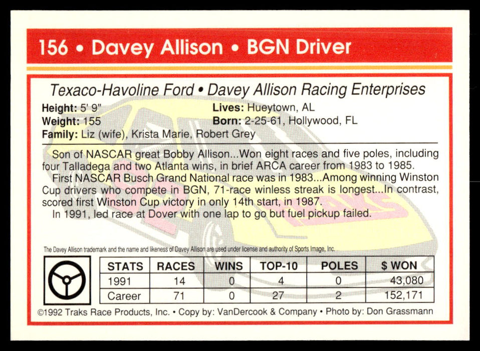 Davey Allison 1992 Traks Base Back of Card