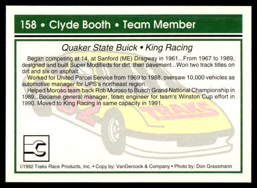 Clyde Booth 1992 Traks Base Back of Card