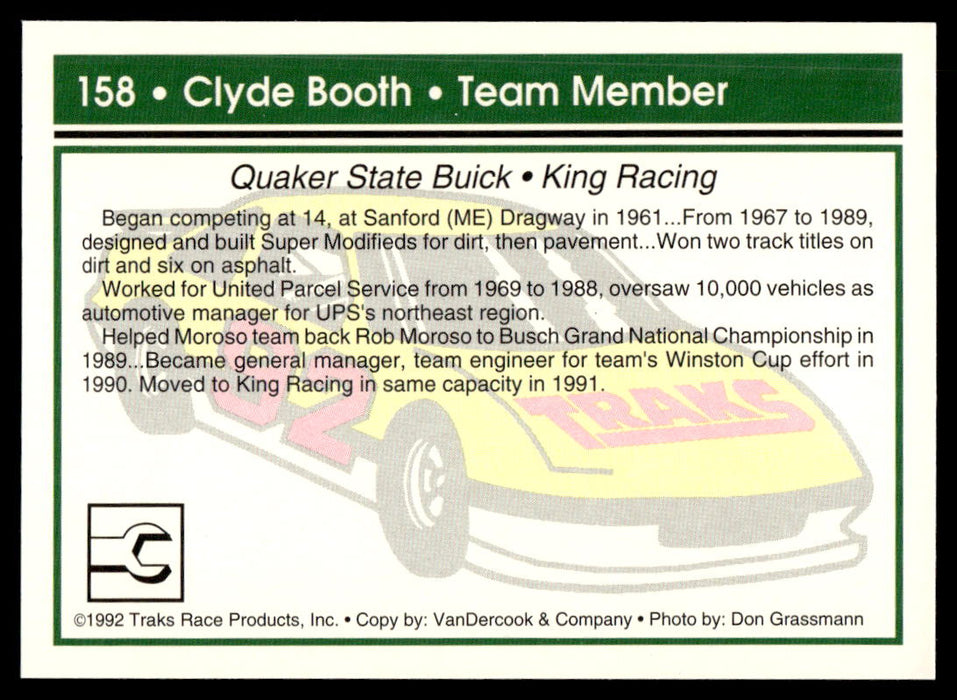 Clyde Booth 1992 Traks Base Back of Card