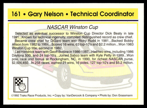 Gary Nelson 1992 Traks Base Back of Card