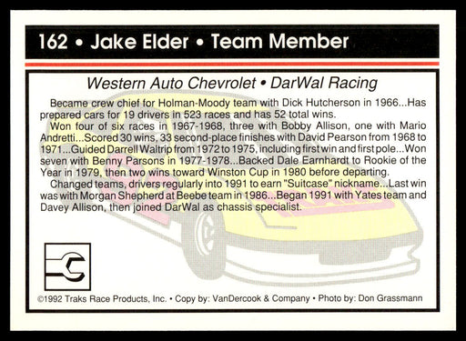 Jake Elder 1992 Traks Base Back of Card