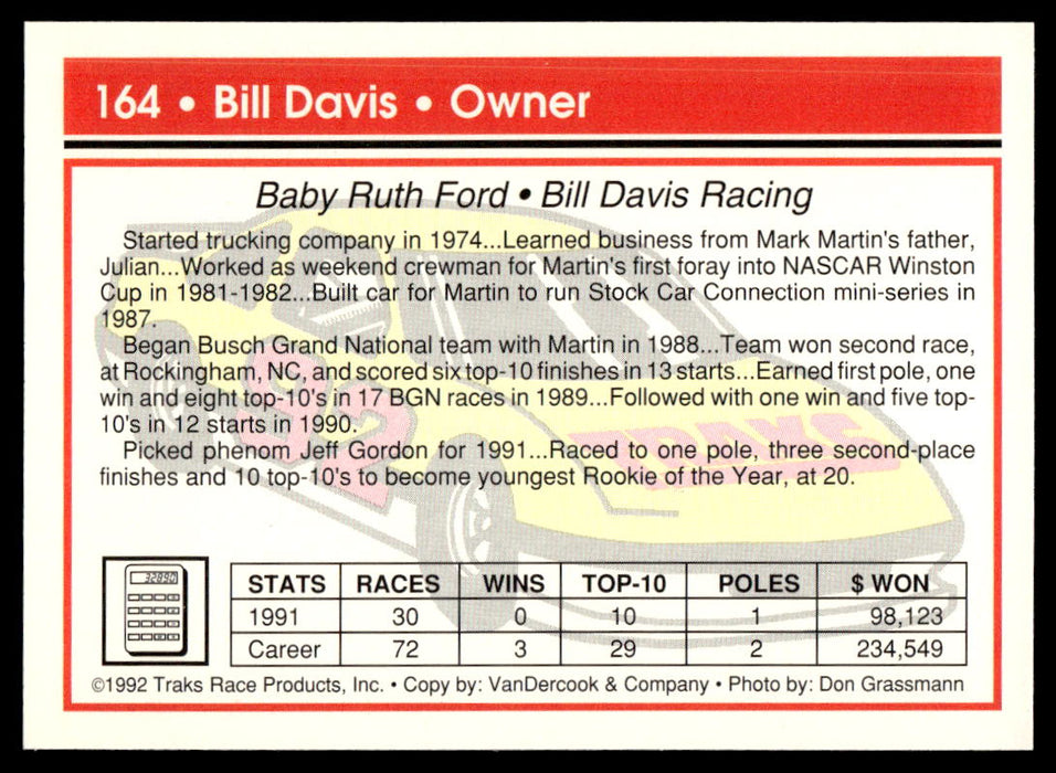 Bill Davis 1992 Traks Base Back of Card