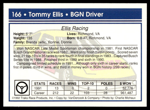 Tommy Ellis 1992 Traks Base Back of Card