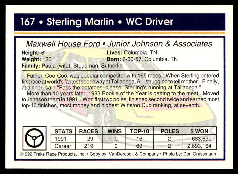 Sterling Marlin 1992 Traks Base Back of Card