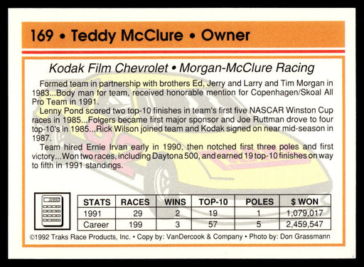 Tedd McClure 1992 Traks Base Back of Card