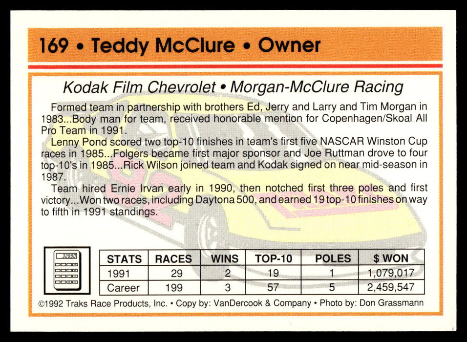 Tedd McClure 1992 Traks Base Back of Card