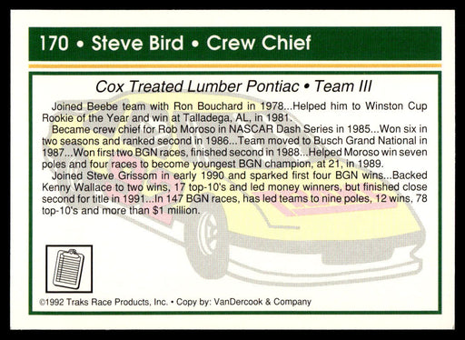 Steve Bird 1992 Traks Base Back of Card