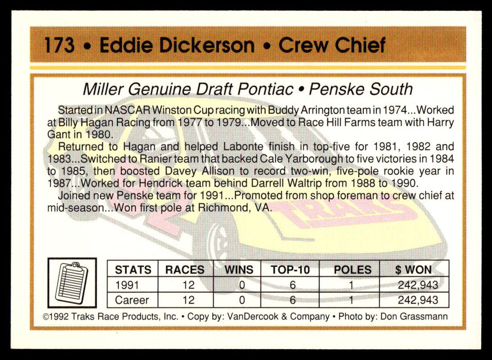 Eddie Dickerson 1992 Traks Base Back of Card