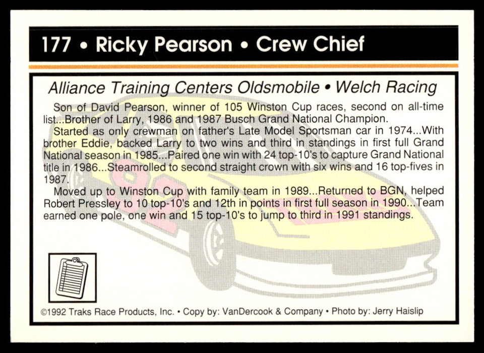 Ricky Pearson 1992 Traks Base Back of Card