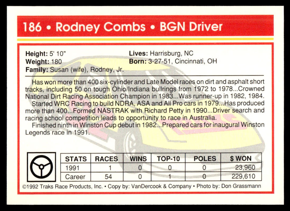 Rodney Combs 1992 Traks Base Back of Card