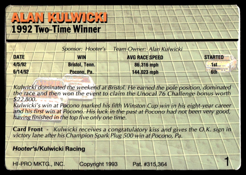 Alan Kulwicki 1993 Action Packed Base Back of Card