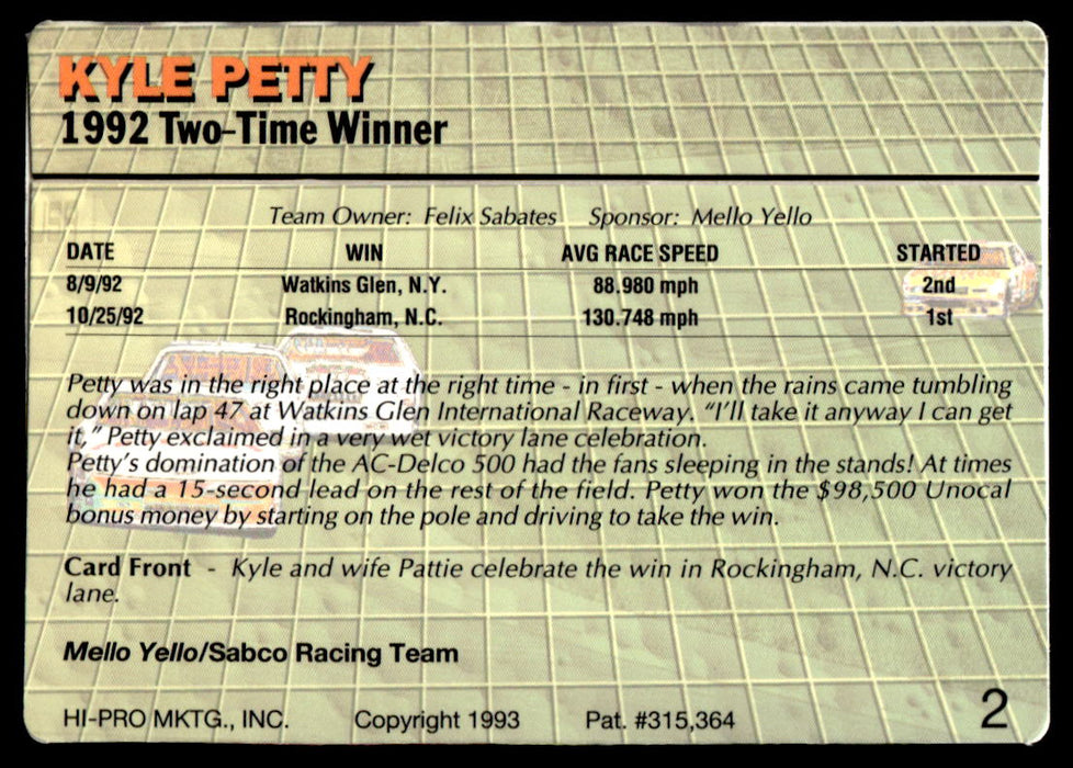Kyle Petty 1993 Action Packed Base Back of Card
