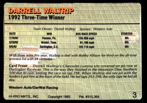 Darrell Waltrip 1993 Action Packed Base Back of Card