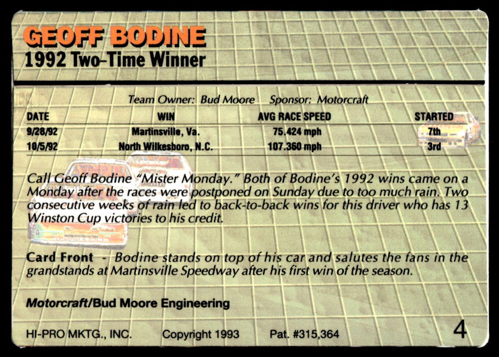 Geoff Bodine 1993 Action Packed Base Back of Card