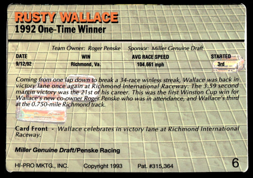 Rusty Wallace 1993 Action Packed Base Back of Card