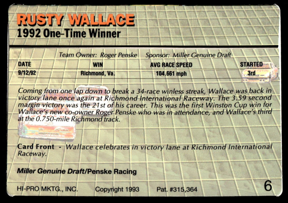 Rusty Wallace 1993 Action Packed Base Back of Card