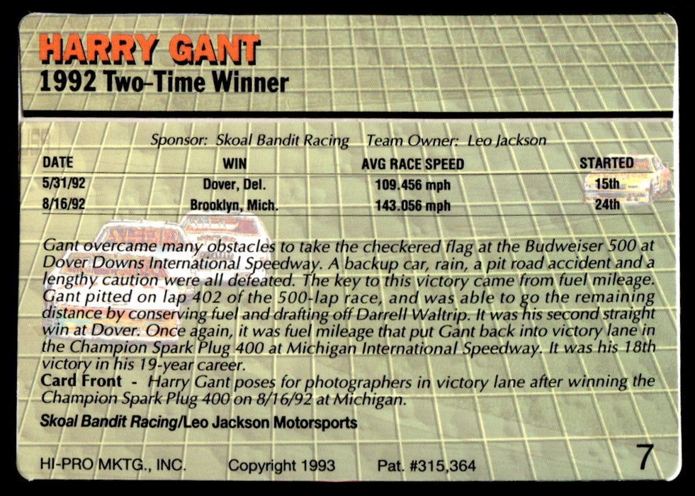 Harry Gant 1993 Action Packed Base Back of Card