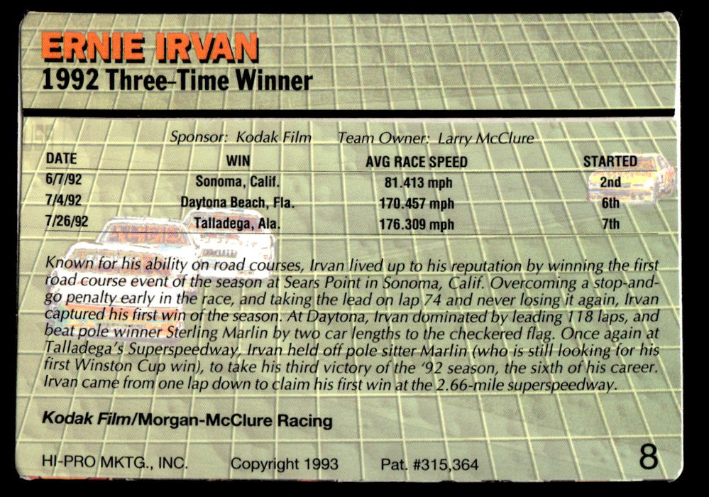 Ernie Irvan 1993 Action Packed Base Back of Card