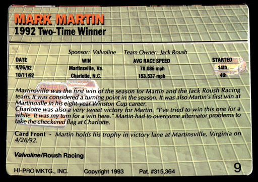 Mark Martin 1993 Action Packed Base Back of Card