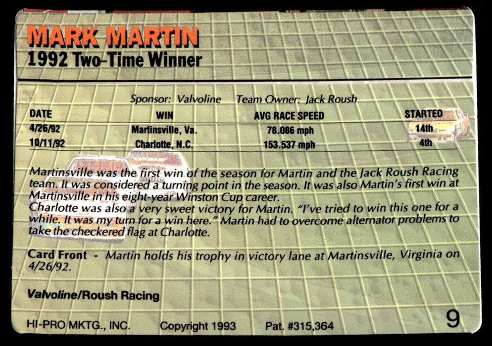 Mark Martin 1993 Action Packed Base Back of Card