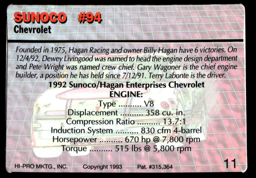 Terry Labonte 1993 Action Packed Base Back of Card