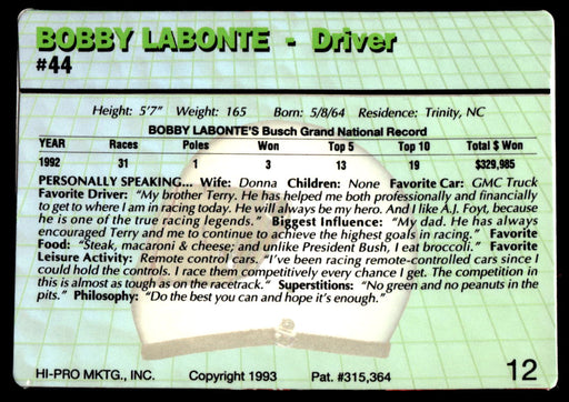 Bobby Labonte 1993 Action Packed Base Back of Card