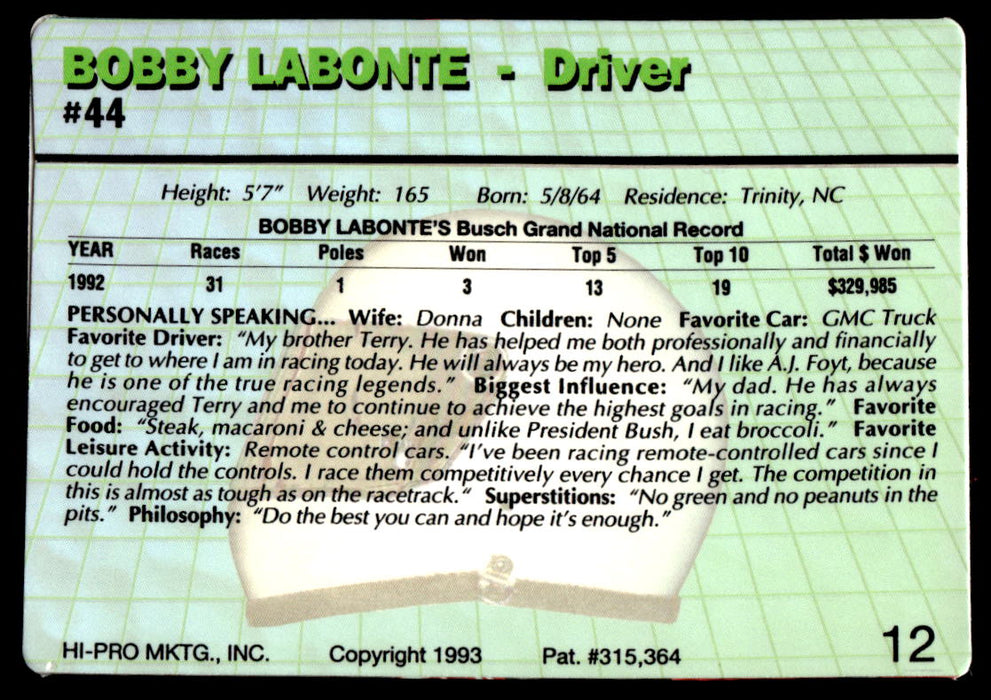 Bobby Labonte 1993 Action Packed Base Back of Card