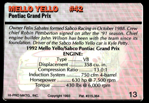 Kyle Petty 1993 Action Packed Base Back of Card