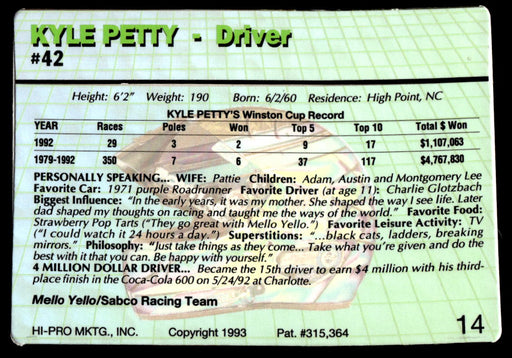 Kyle Petty 1993 Action Packed Base Back of Card