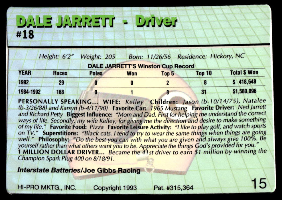 Dale Jarrett 1993 Action Packed Base Back of Card