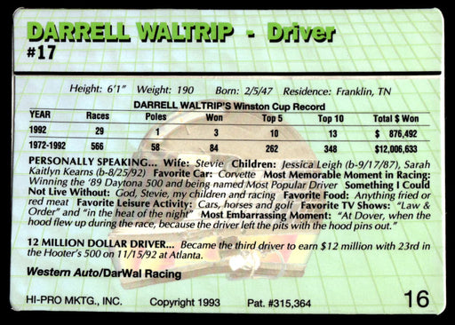 Darrell Waltrip 1993 Action Packed Base Back of Card