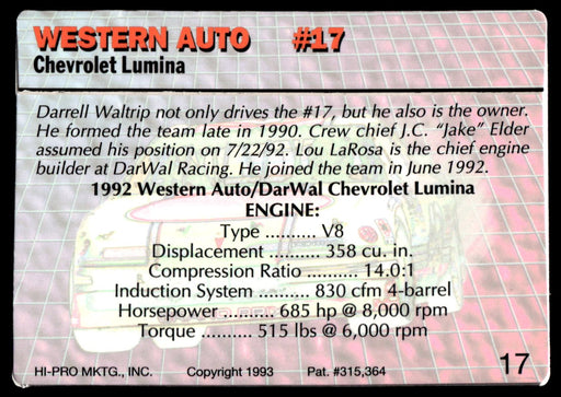 Darrell Waltrip 1993 Action Packed Base Back of Card