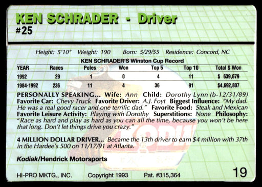 Ken Schrader 1993 Action Packed Base Back of Card