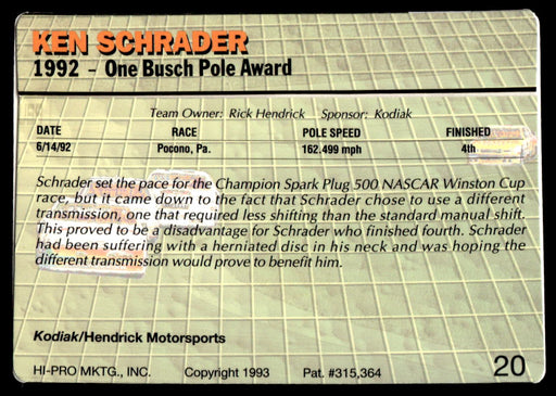 Ken Schrader 1993 Action Packed Base Back of Card