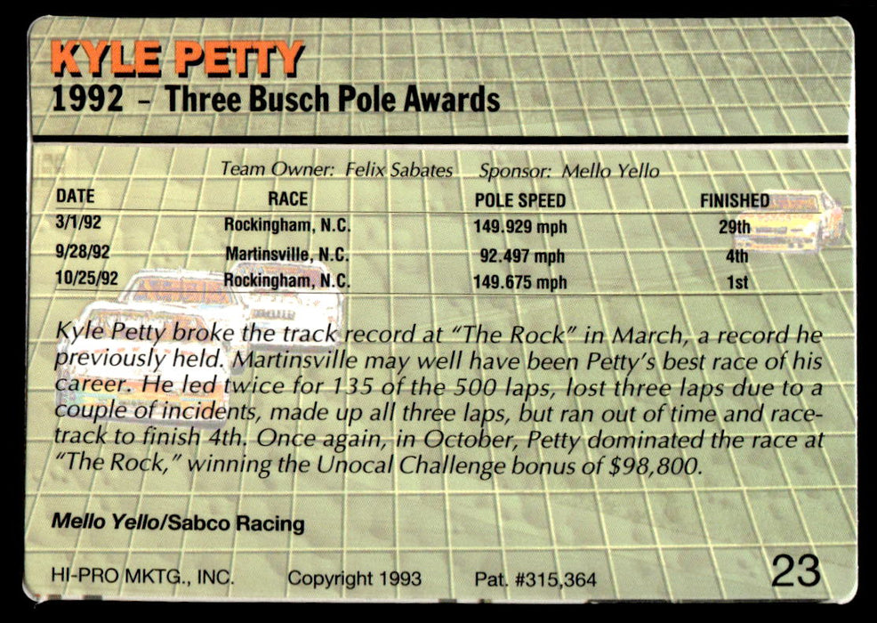 Kyle Petty 1993 Action Packed Base Back of Card