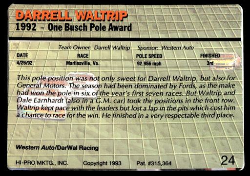 Darrell Waltrip 1993 Action Packed Base Back of Card