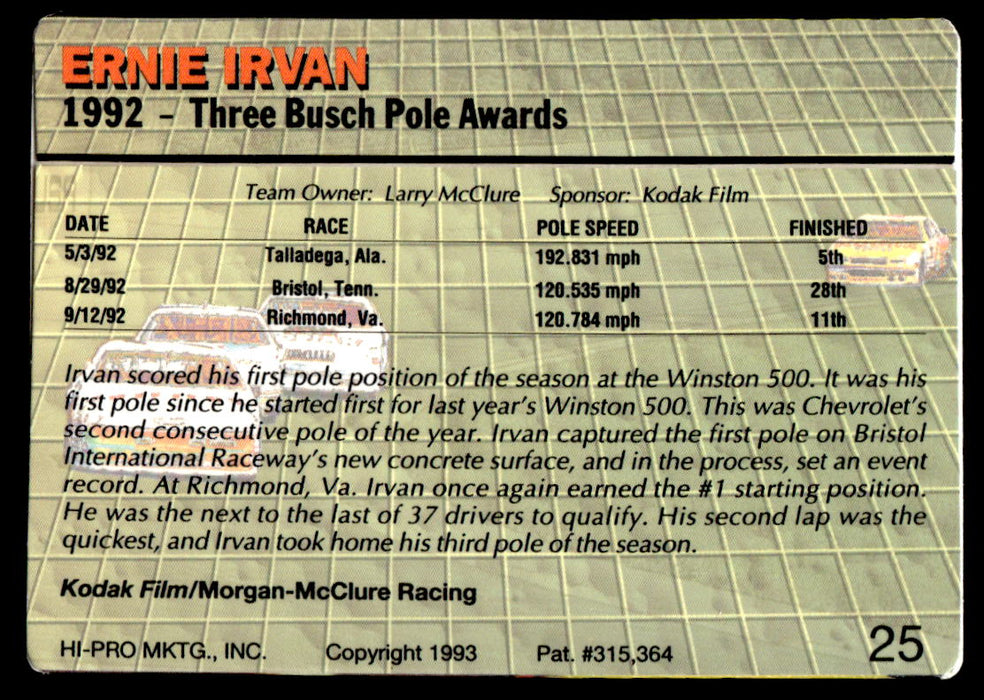Ernie Irvan 1993 Action Packed Base Back of Card