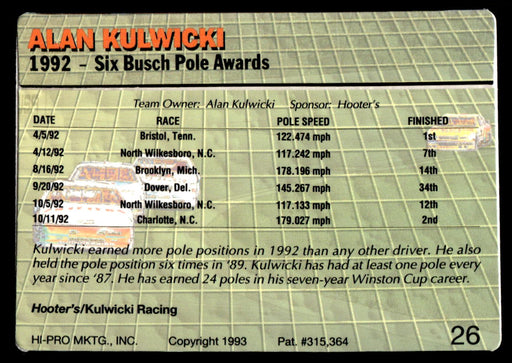 Alan Kulwicki 1993 Action Packed Base Back of Card