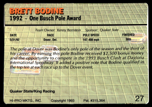 Brett Bodine 1993 Action Packed Base Back of Card