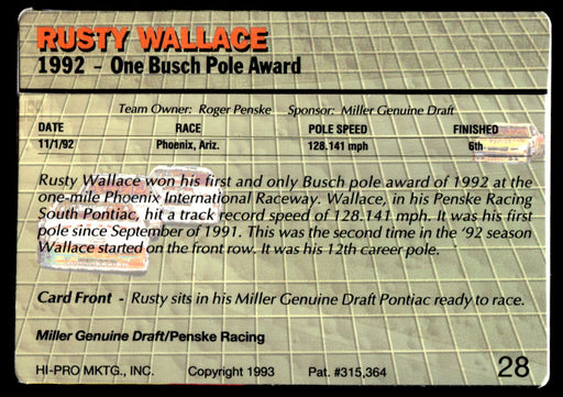 Rusty Wallace 1993 Action Packed Base Back of Card