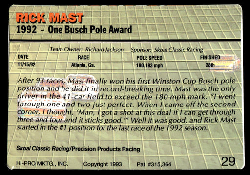 Rick Mast 1993 Action Packed Base Back of Card