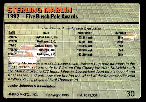 Sterling Marlin 1993 Action Packed Base Back of Card