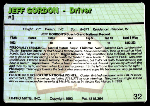 Jeff Gordon 1993 Action Packed Base Back of Card