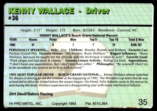 Kenny Wallace 1993 Action Packed Base Back of Card